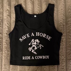 Black Graphic Crop Tank Top - "Save A Horse Ride A Cowboy"